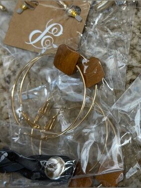 Gold Hoop Earrings with Brown Wood Accent - Women Jewelry